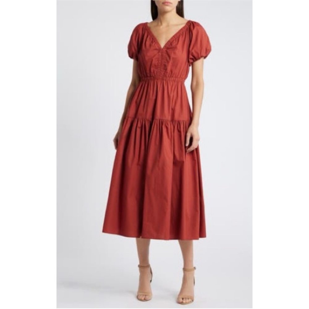 MOON RIVER | Cotton Puff Sleeve Tiered Midi Dress in Brick, Size Large
